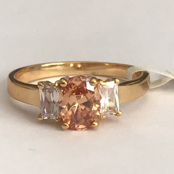 Peach Cubic Zirconia Solitaire Ring Dainty Yellow Gold Plated Size 10 Faux Topaz - Picture 4 of 11